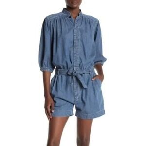 Frame Cali Joanie Chambray Jumper Romper Puff Sleeve Tie Waist Blue Size Large